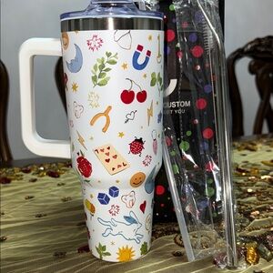 40 OZ White Tumbler with Colorful Icons